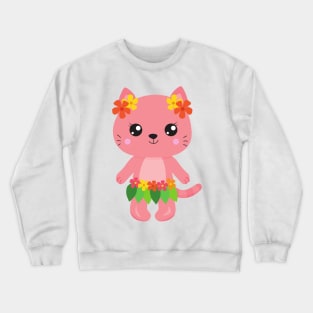 Hawaii Cat, Cute Cat, Pink Cat, Flowers, Luau Crewneck Sweatshirt